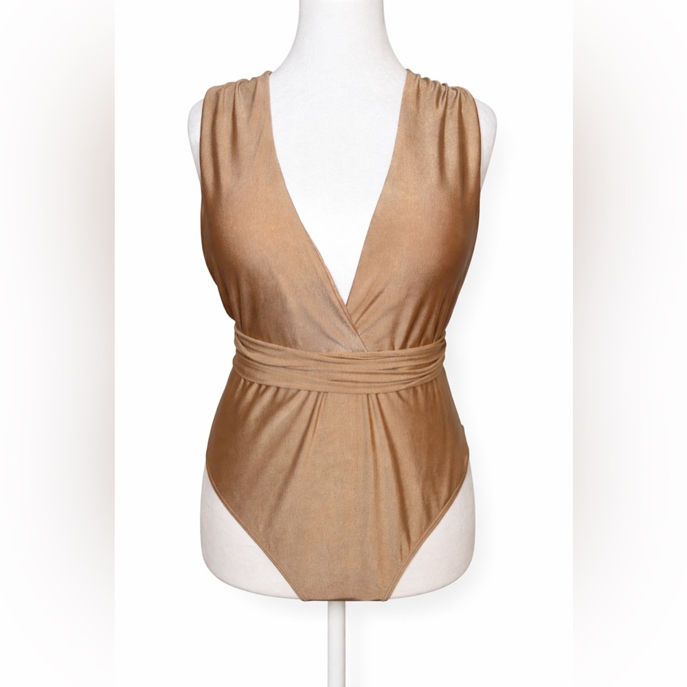 NWT Fashion Nova 1X Gold Wrap Tie One Piece Swimsuit Plunge Removable Cups